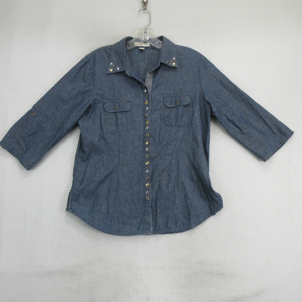 Coldwater Creek Womens Shirt Size 14 Blue Denim Rhinestone Roll Tab 3/4 Sleeve